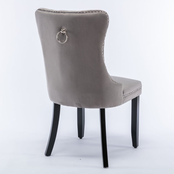 4X Velvet Dining Chairs Upholstered Tufted Kithcen With Solid Wood Legs Stud Trim And Ring-Gray