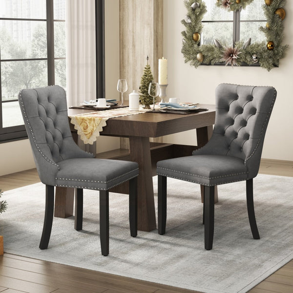 6X Velvet Dining Chairs Upholstered Tufted Kithcen With Solid Wood Legs Stud Trim And Ring-Gray