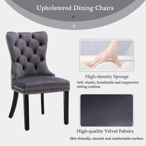 8X Velvet Dining Chairs Upholstered Tufted Kithcen With Solid Wood Legs Stud Trim And Ring-Gray