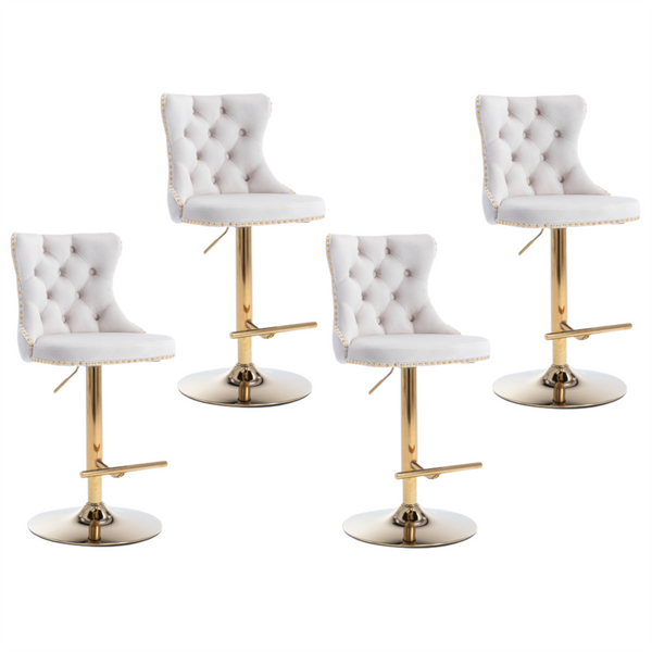 4X Height Swivel Bar Stool Velvet Studs Barstool With Footrest And Golden Base Beige Benches Bar Stools