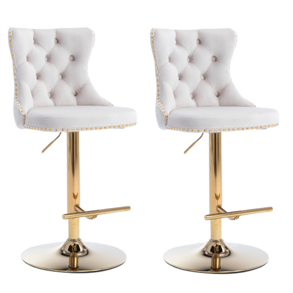 4X Height Swivel Bar Stool Velvet Studs Barstool With Footrest And Golden Base Beige Benches Bar Stools