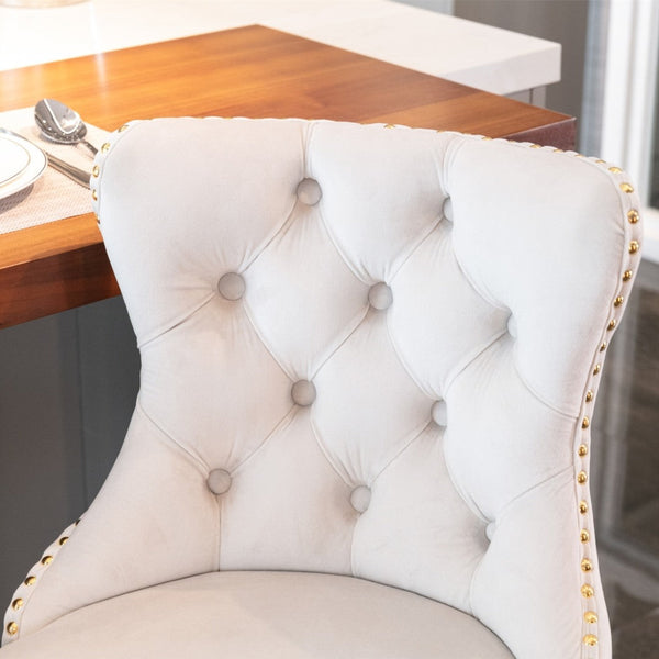 4X Height Swivel Bar Stool Velvet Studs Barstool With Footrest And Golden Base Beige Benches Bar Stools