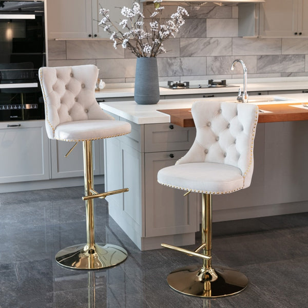 4X Height Swivel Bar Stool Velvet Studs Barstool With Footrest And Golden Base Beige Benches Bar Stools