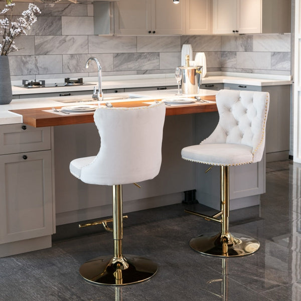 4X Height Swivel Bar Stool Velvet Studs Barstool With Footrest And Golden Base Beige Benches Bar Stools