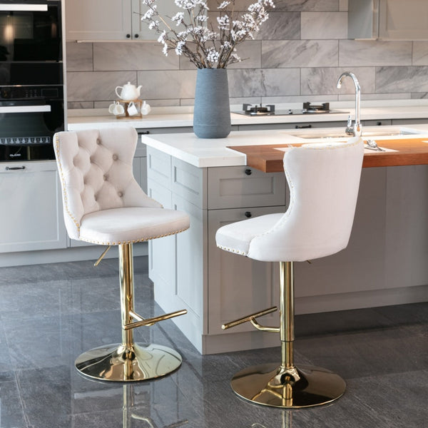 4X Height Swivel Bar Stool Velvet Studs Barstool With Footrest And Golden Base Beige Benches Bar Stools