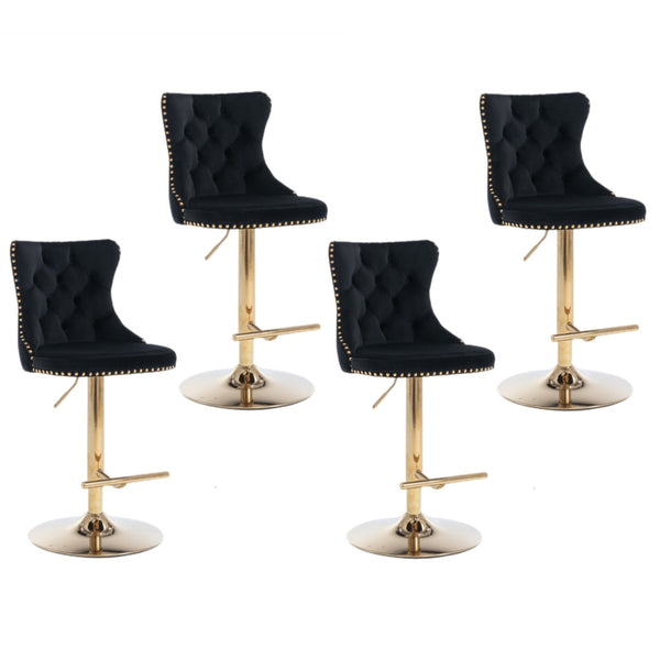 4X Height Swivel Bar Stool Velvet Studs Barstool With Footrest And Golden Base Black Benches Bar Stools