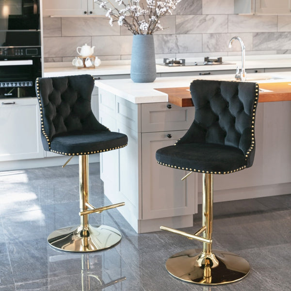 4X Height Swivel Bar Stool Velvet Studs Barstool With Footrest And Golden Base Black Benches Bar Stools