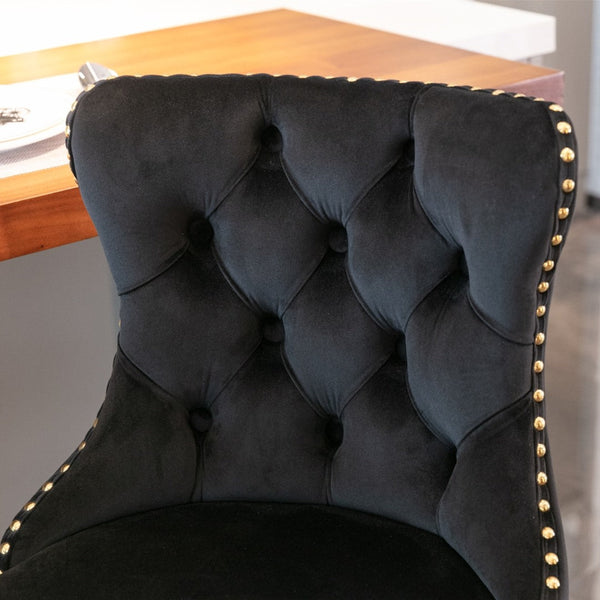 4X Height Swivel Bar Stool Velvet Studs Barstool With Footrest And Golden Base Black Benches Bar Stools