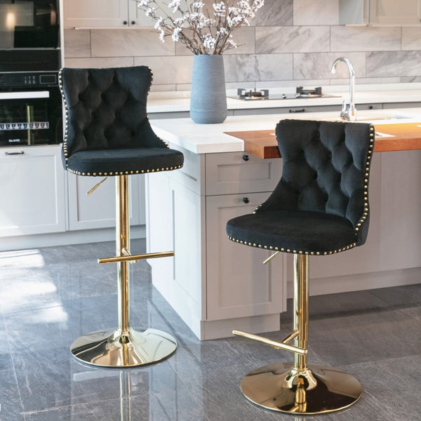 2X Height Swivel Bar Stool Velvet Studs Barstool With Footrest And Golden Base Black Benches Bar Stools