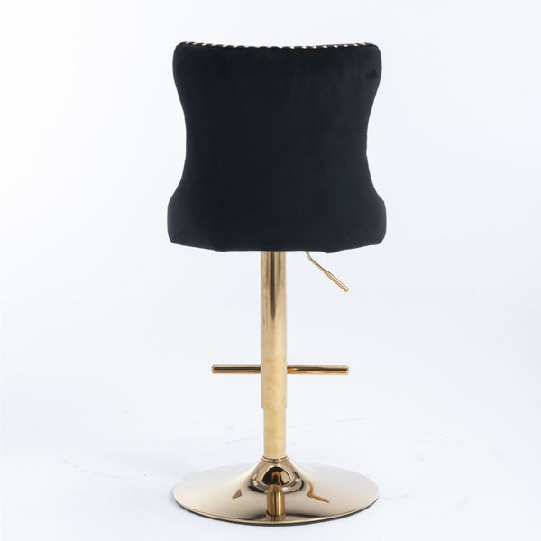 2X Height Swivel Bar Stool Velvet Studs Barstool With Footrest And Golden Base Black Benches Bar Stools