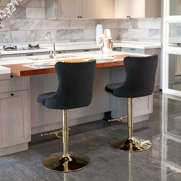 2X Height Swivel Bar Stool Velvet Studs Barstool With Footrest And Golden Base Black Benches Bar Stools