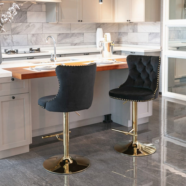 2X Height Swivel Bar Stool Velvet Studs Barstool With Footrest And Golden Base Black Benches Bar Stools