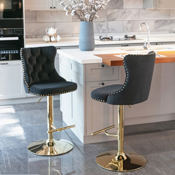 2X Height Swivel Bar Stool Velvet Studs Barstool With Footrest And Golden Base Black Benches Bar Stools