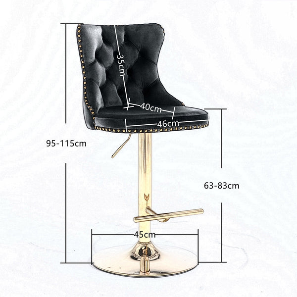 2X Height Swivel Bar Stool Velvet Studs Barstool With Footrest And Golden Base Black Benches Bar Stools