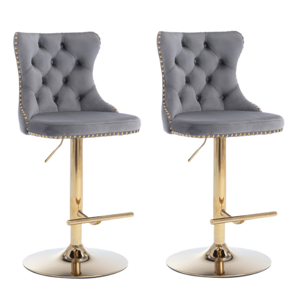 Height Velvet Swivel Bar Stool With Footrest And Gold Base Grey Benches Bar Stools