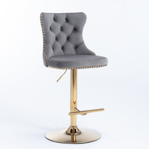 Height Velvet Swivel Bar Stool With Footrest And Gold Base Grey Benches Bar Stools