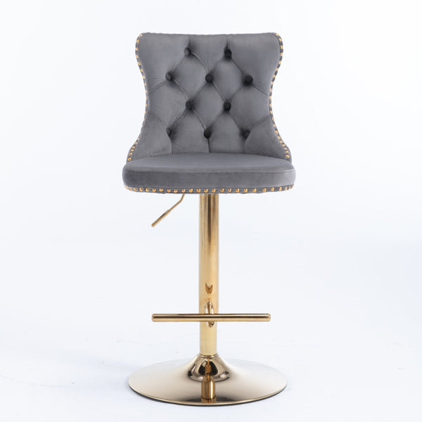 Height Velvet Swivel Bar Stool With Footrest And Gold Base Grey Benches Bar Stools