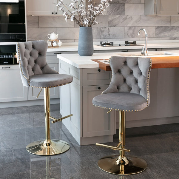 Height Velvet Swivel Bar Stool With Footrest And Gold Base Grey Benches Bar Stools