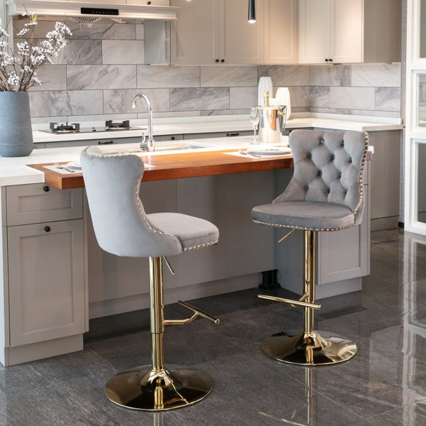 Height Velvet Swivel Bar Stool With Footrest And Gold Base Grey Furniture Benches Bar Stools