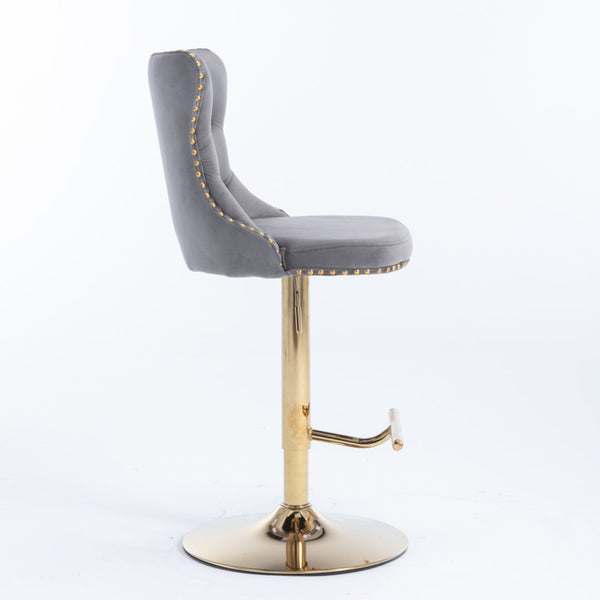 Height Velvet Swivel Bar Stool With Footrest And Gold Base Grey Furniture Benches Bar Stools