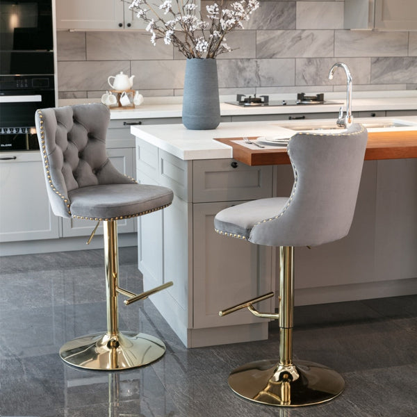 Height Velvet Swivel Bar Stool With Footrest And Gold Base Grey Furniture Benches Bar Stools