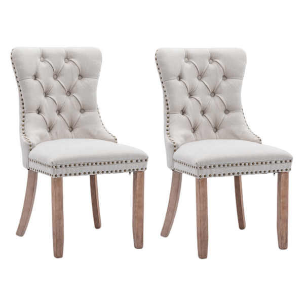 8X Aaden Modern Elegant Button-Tufted Upholstered Fabric With Studs Trim And Wooden Legs Dining Side Chair-Beige
