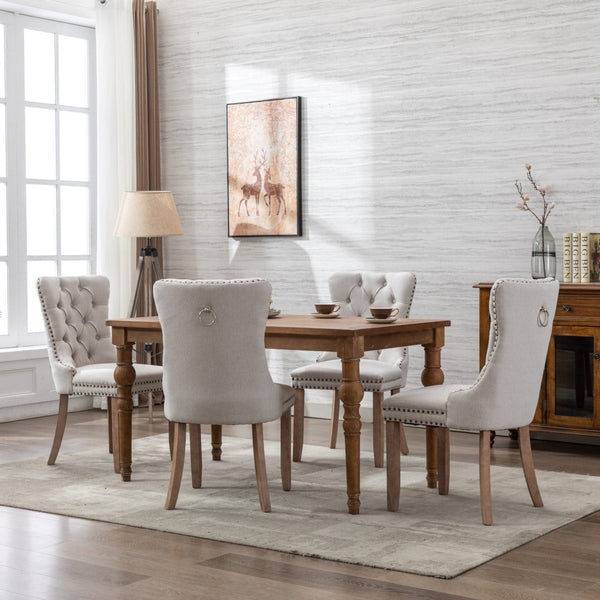 8X Aaden Modern Elegant Button-Tufted Upholstered Fabric With Studs Trim And Wooden Legs Dining Side Chair-Beige