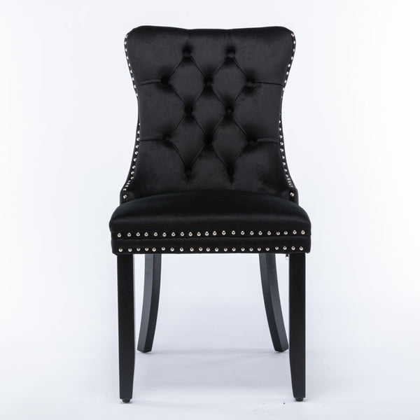 2X Velvet Upholstered Tufted Kithcen With Solid Wood Legs Stud Trim And Ring Black Dining Chairs