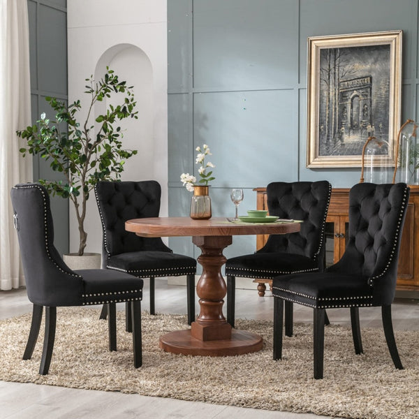 2X Velvet Upholstered Tufted Kithcen With Solid Wood Legs Stud Trim And Ring Black Dining Chairs