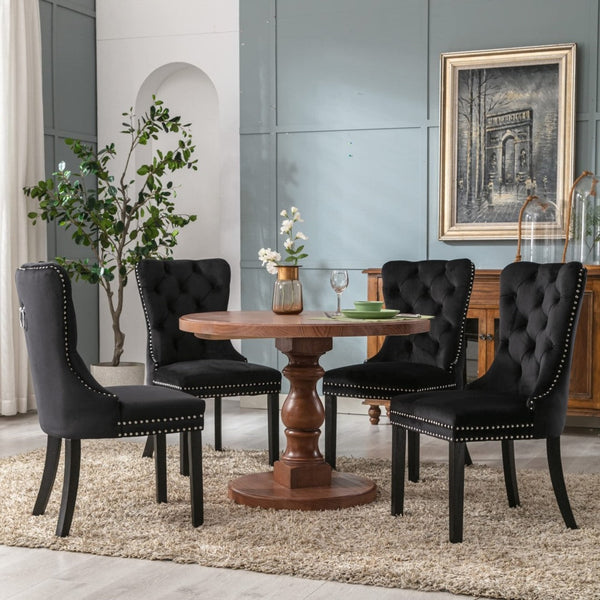 2X Velvet Dining Chairs Upholstered Tufted Kithcen With Solid Wood Legs Stud Trim And Ring-Black