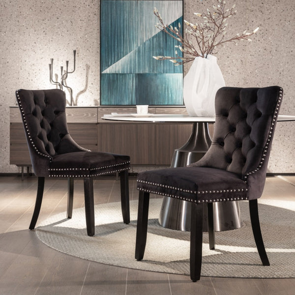 2X Velvet Upholstered Tufted Kithcen With Solid Wood Legs Stud Trim And Ring Black Dining Chairs