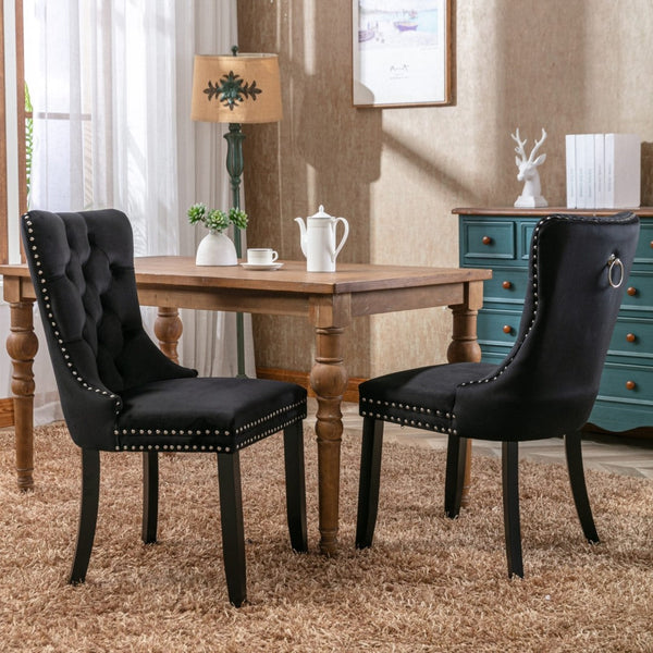 2X Velvet Upholstered Tufted Kithcen With Solid Wood Legs Stud Trim And Ring Black Dining Chairs