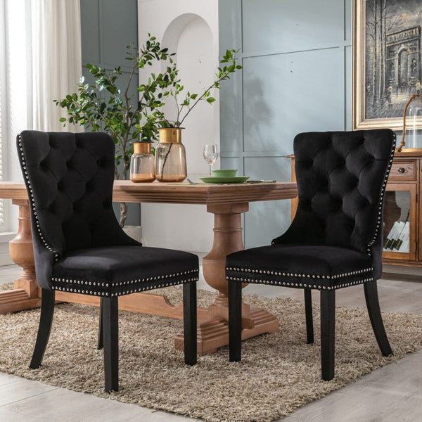 2X Velvet Upholstered Tufted Kithcen With Solid Wood Legs Stud Trim And Ring Black Dining Chairs