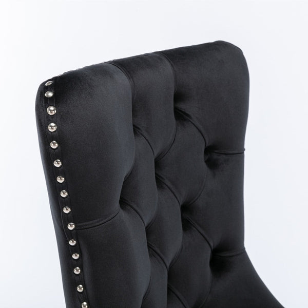 2X Velvet Upholstered Tufted Kithcen With Solid Wood Legs Stud Trim And Ring Black Dining Chairs