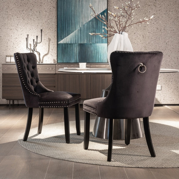 2X Velvet Upholstered Tufted Kithcen With Solid Wood Legs Stud Trim And Ring Black Dining Chairs