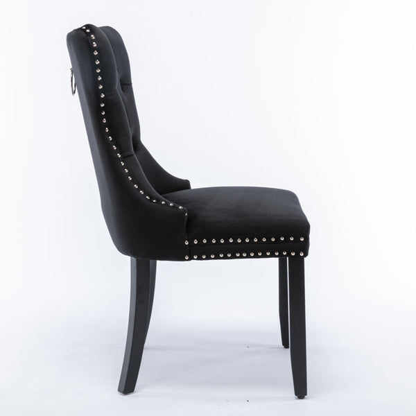 2X Velvet Upholstered Tufted Kithcen With Solid Wood Legs Stud Trim And Ring Black Dining Chairs