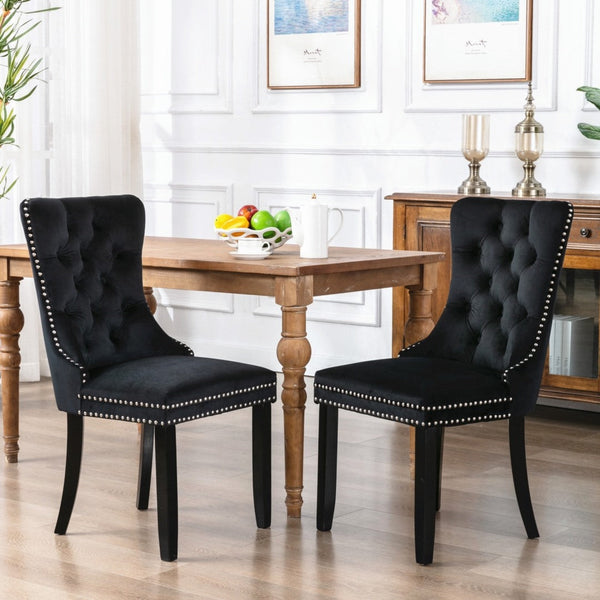 2X Velvet Dining Chairs Upholstered Tufted Kithcen With Solid Wood Legs Stud Trim And Ring-Black