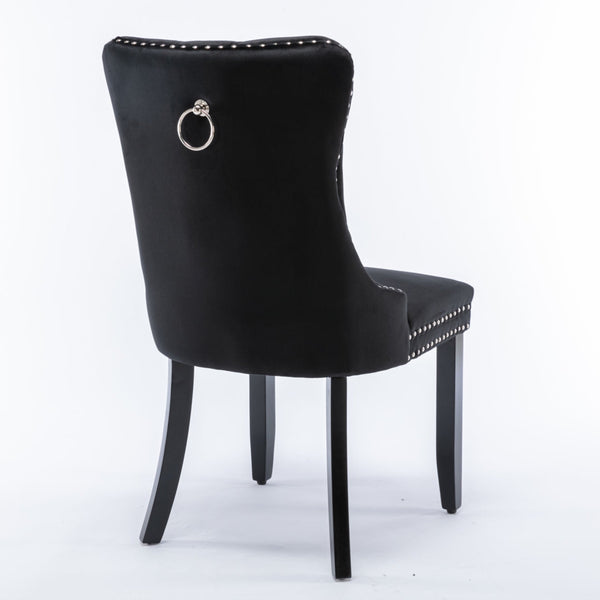 2X Velvet Upholstered Tufted Kithcen With Solid Wood Legs Stud Trim And Ring Black Dining Chairs