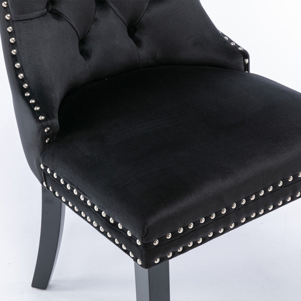 2X Velvet Upholstered Tufted Kithcen With Solid Wood Legs Stud Trim And Ring Black Dining Chairs