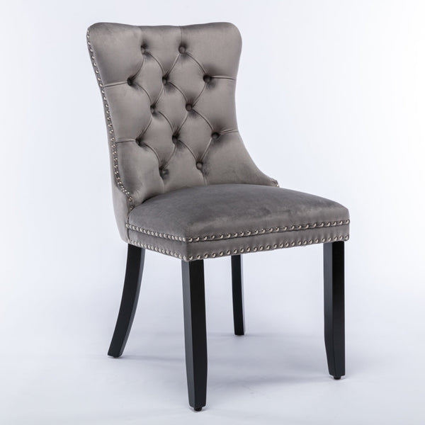 2X Velvet Dining Chairs Upholstered Tufted Kithcen With Solid Wood Legs Stud Trim And Ring-Gray