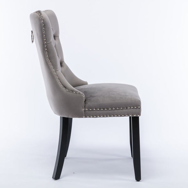 2X Velvet Dining Chairs Upholstered Tufted Kithcen With Solid Wood Legs Stud Trim And Ring-Gray
