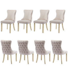 8X Velvet Upholstered Dining Chairs Tufted Wingback Side With Studs Trim Solid Wood Legs For Kitchen