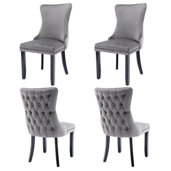 4X Velvet Upholstered Tufted Wingback Side With Studs Trim Solid Wood Legs For Kitchen Dining Chairs
