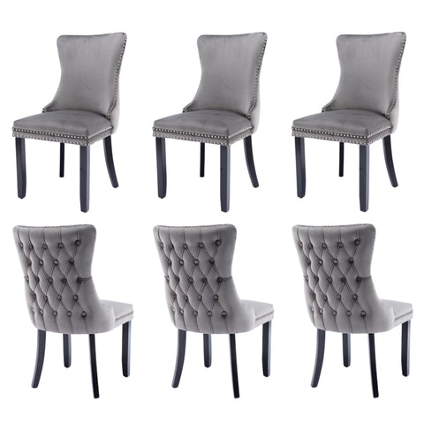 6X Velvet Upholstered Tufted Wingback Side With Studs Trim Solid Wood Legs For Kitchen Dining Chairs
