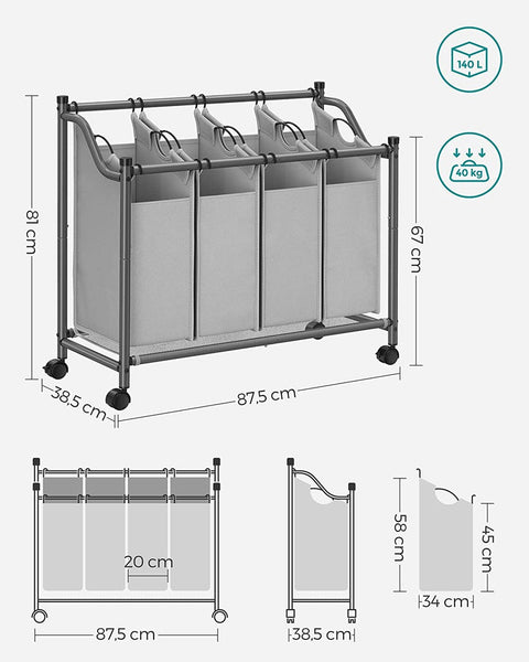 Songmics Laundry Basket With 4 Removable Bin On Wheels Gray Lsf005gs