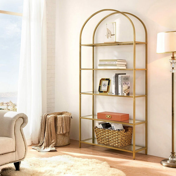 Vasagle Bookshelf 5 Tier Tempered Glass With Gold Metal Frame Lgt050a01