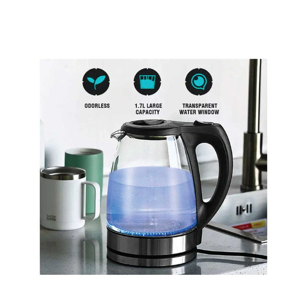 Kitchee 1.7L Electric Glass Kettle Led Blue Light 360 Automatic Cordless Water Boiling Jug Kettles
