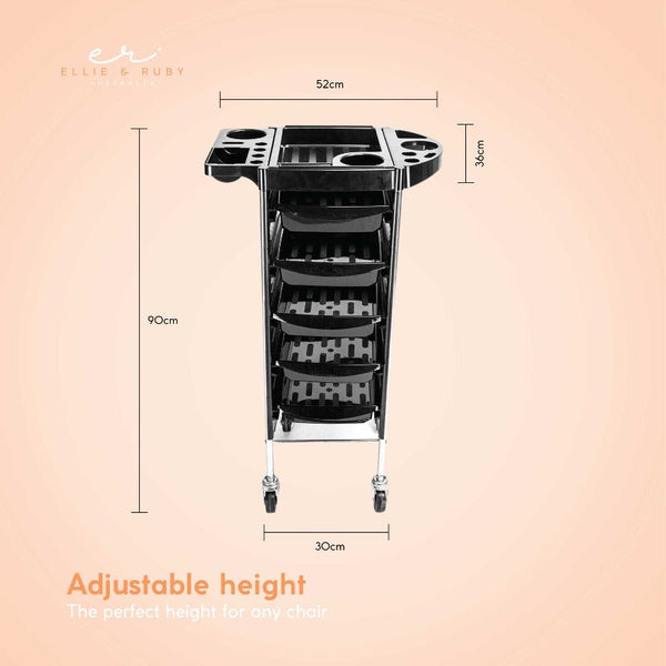 Ellie & Ruby 5 Drawer Hairdressing Trolley Black 90X30x36cm Salon Beauty Rolling Cart Stylist Stations & Furniture