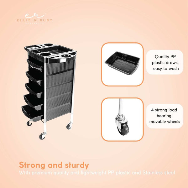 Ellie & Ruby 5 Drawer Hairdressing Trolley Black 90X30x36cm Salon Beauty Rolling Cart Stylist Stations & Furniture