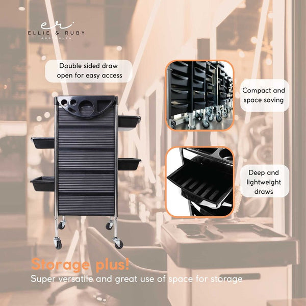 Ellie & Ruby 5 Drawer Hairdressing Trolley Black 90X30x36cm Salon Beauty Rolling Cart Stylist Stations & Furniture